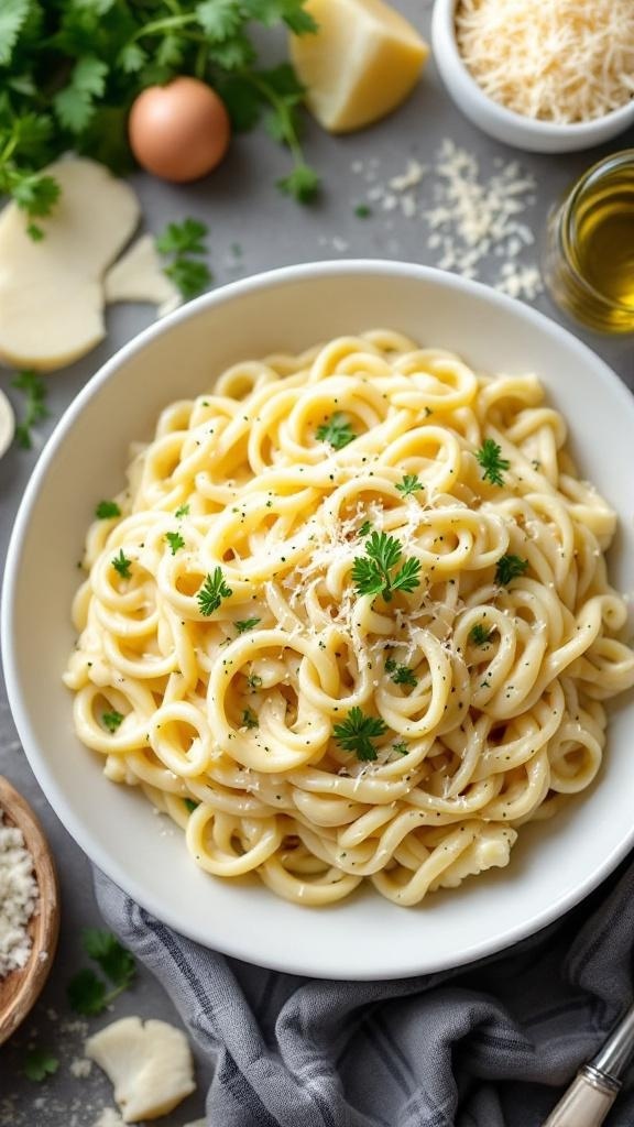 A bowl of creamy pasta with roasted cauliflower, garnished with parsley and cheese.