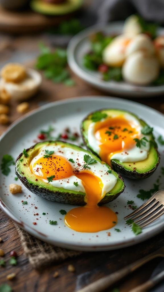Baked avocado halves with eggs, garnished with herbs and spices.