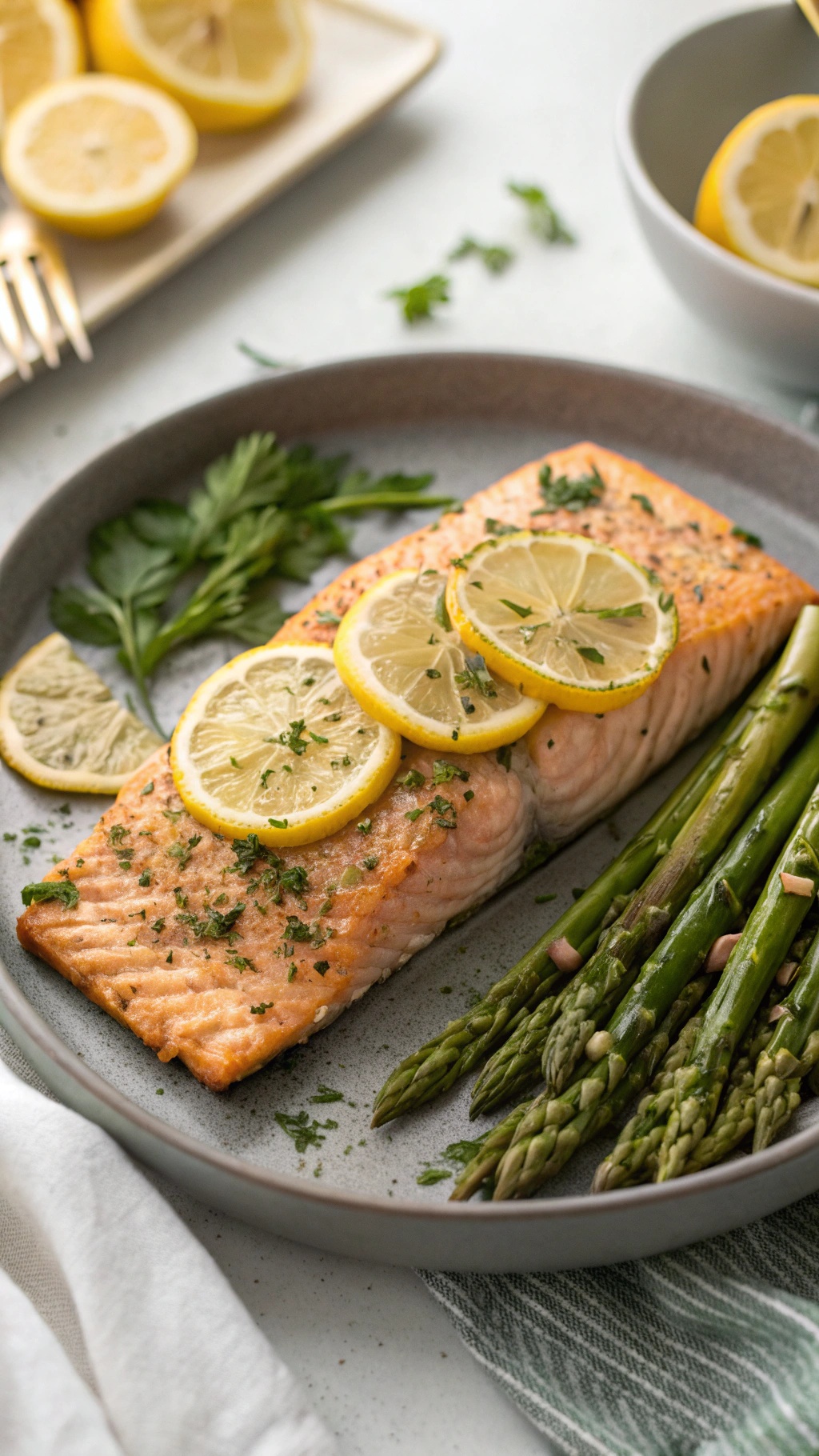 Baked lemon herb salmon garnished with lemon slices and served with asparagus