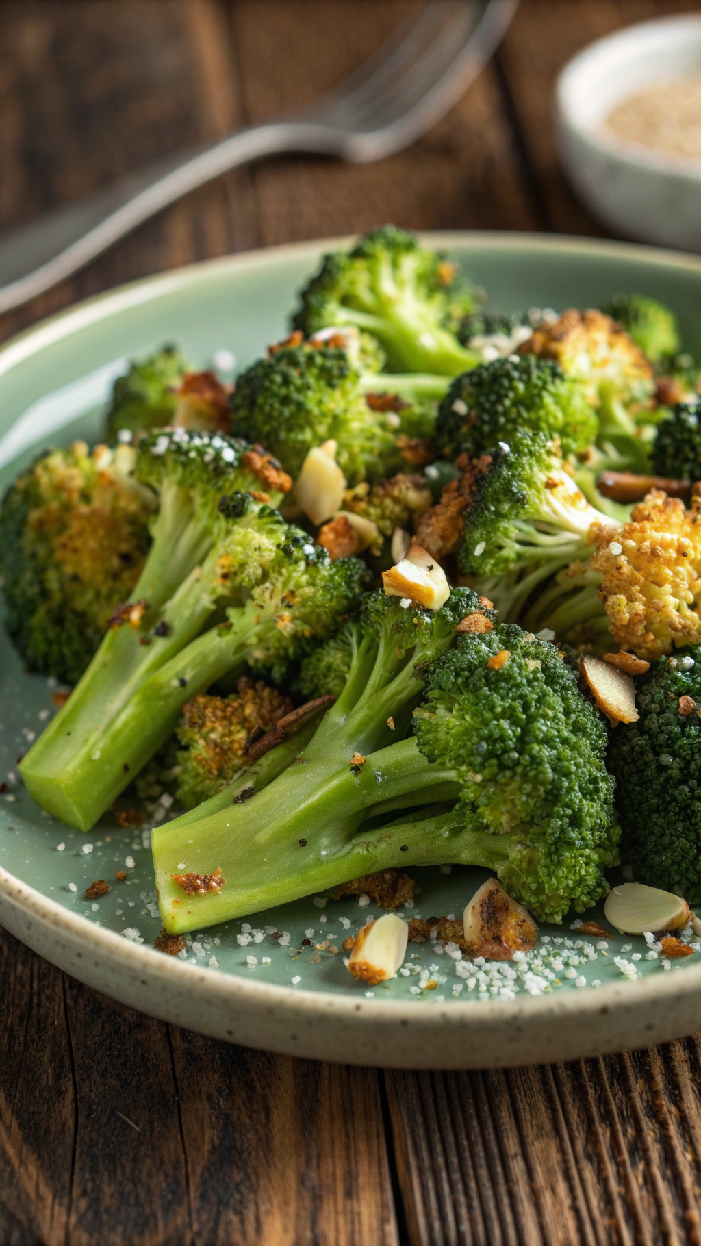 A plate of garlic roasted broccoli garnished with sliced almonds.
