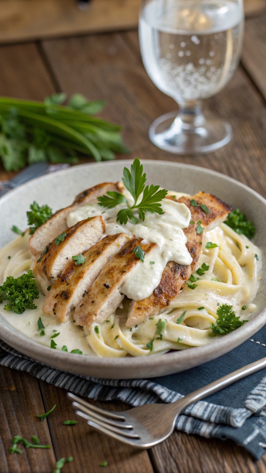 A bowl of Chicken Alfredo with grilled chicken, fettuccine, and parsley garnish.