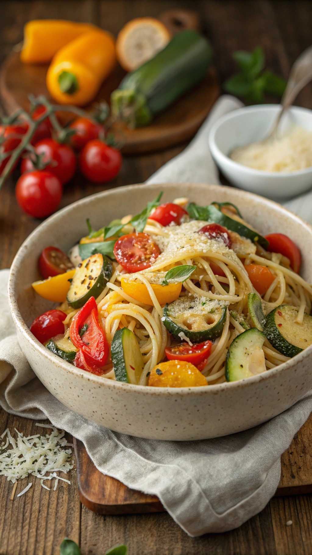 A bowl of pasta primavera with colorful vegetables and grated cheese on top.