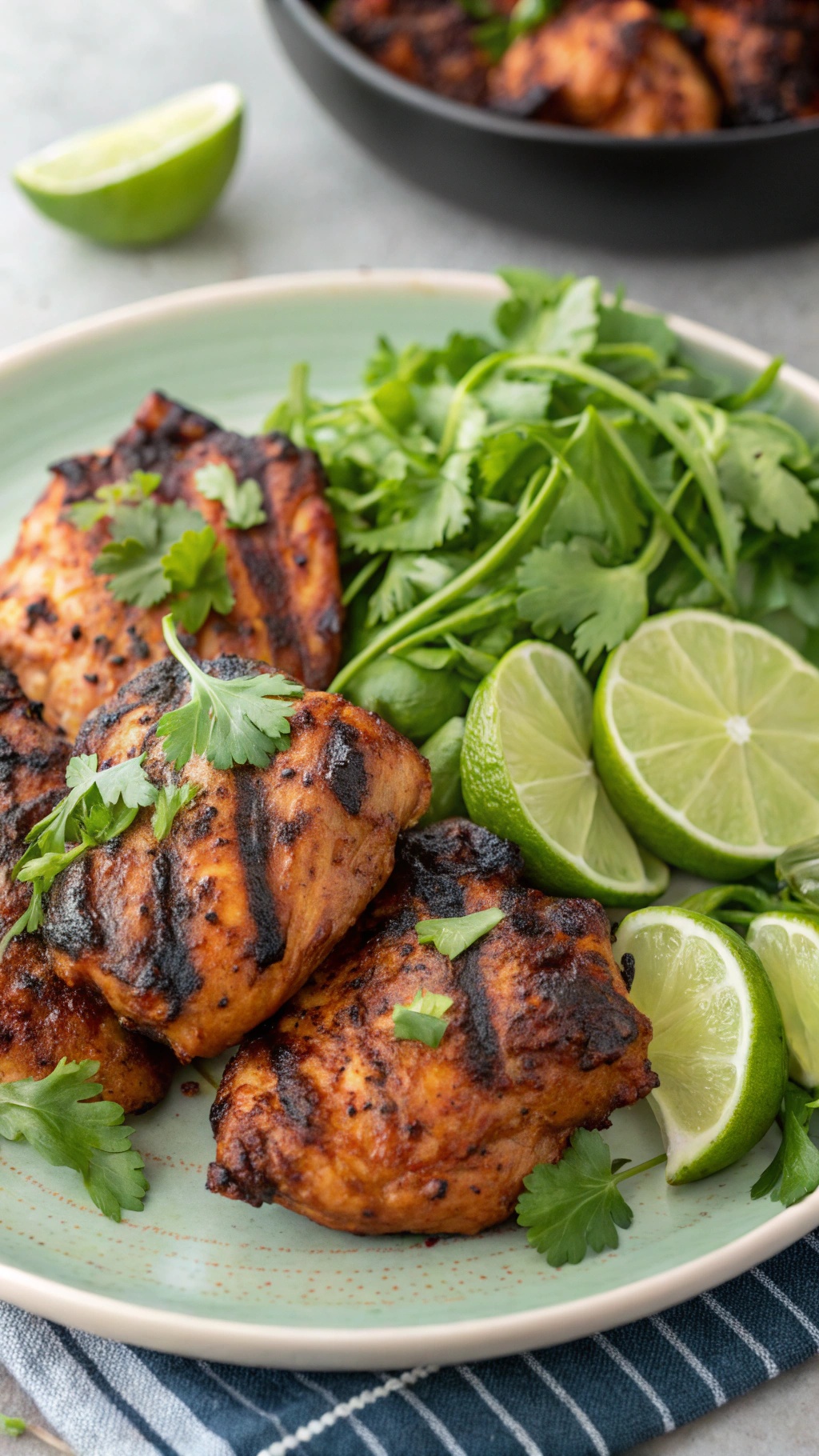 Grilled chicken thighs garnished with cilantro and lime wedges on a plate