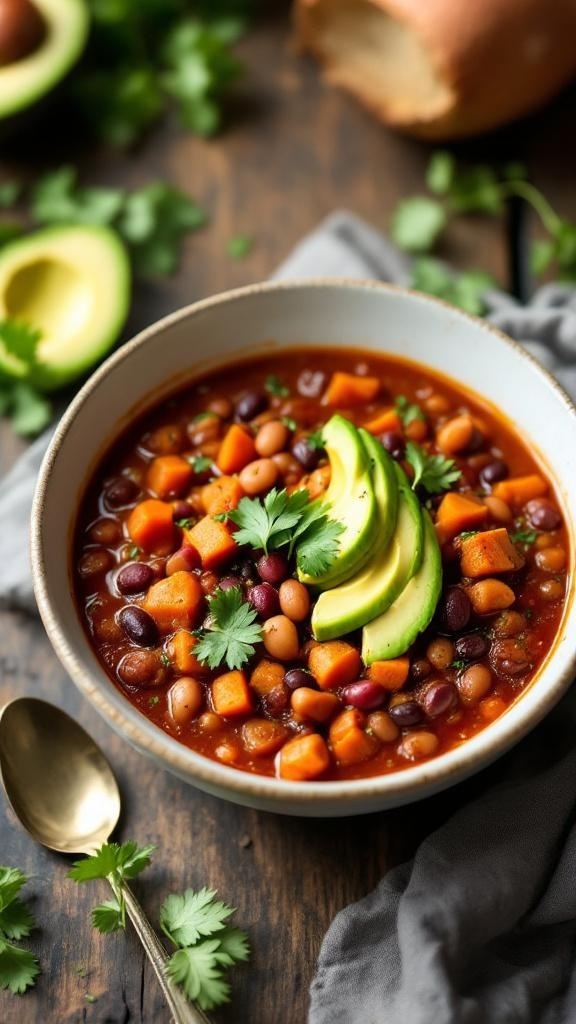 A bowl of spicy sweet potato chili topped with avocado slices and cilantro, surrounded by fresh ingredients.