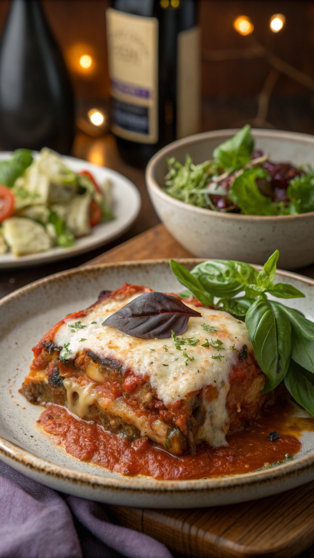 A slice of low-carb eggplant parmesan on a plate with fresh basil and a side salad.