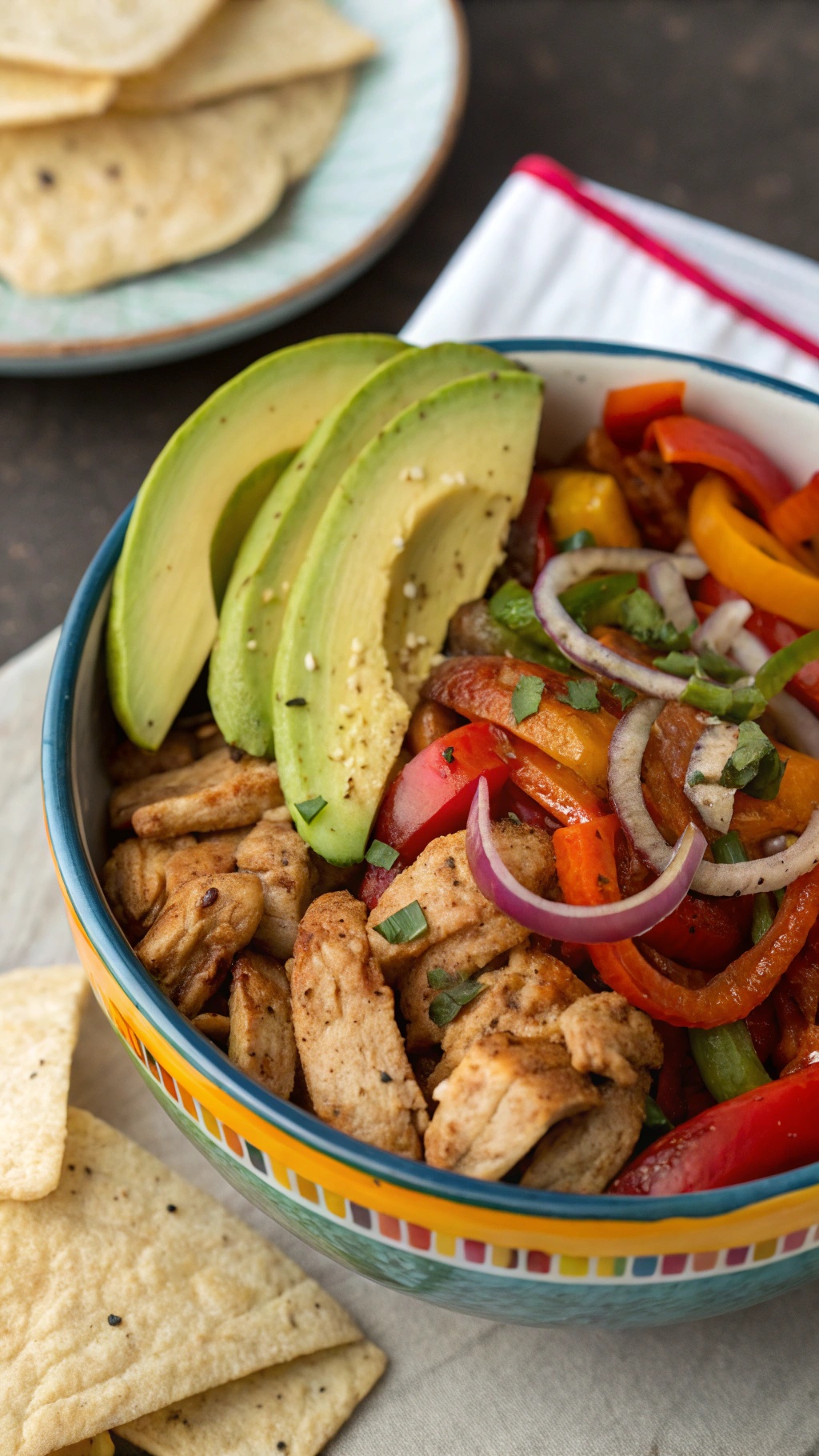 A colorful chicken fajita bowl with sliced avocado, grilled chicken, and bell peppers.