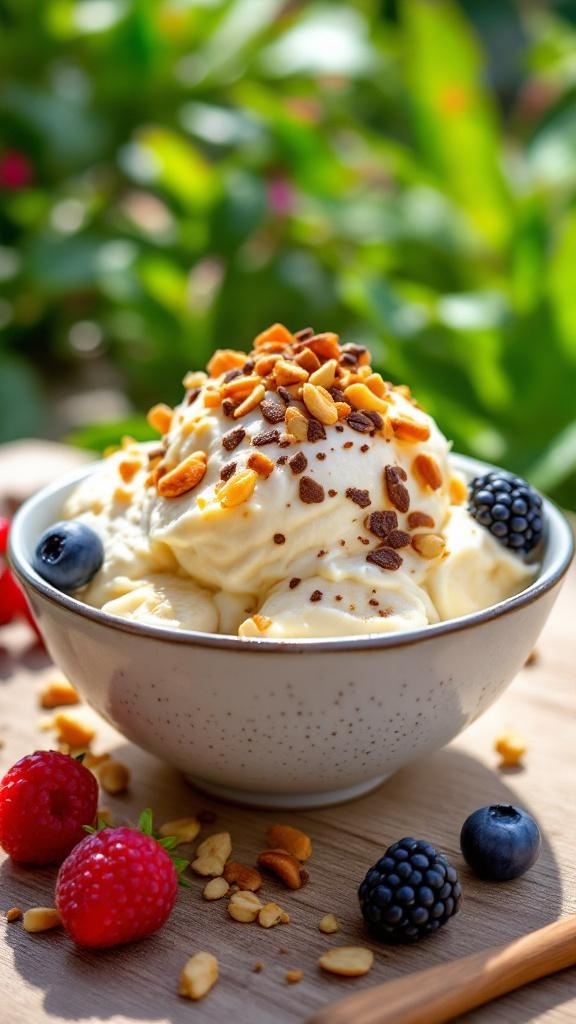 A bowl of creamy banana nice cream topped with nuts and fresh berries