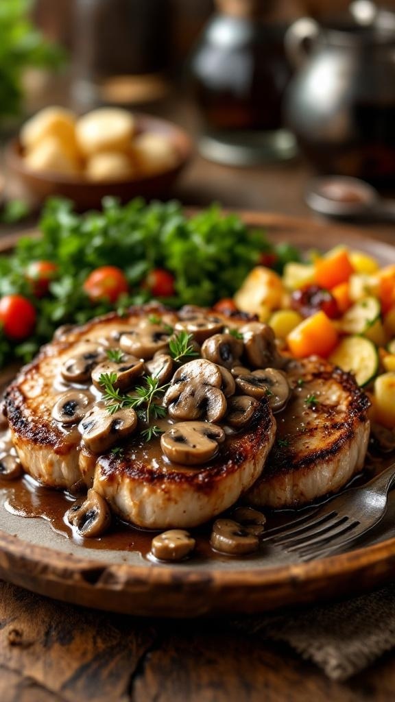 Pork chops with mushroom sauce served with vegetables on a wooden plate