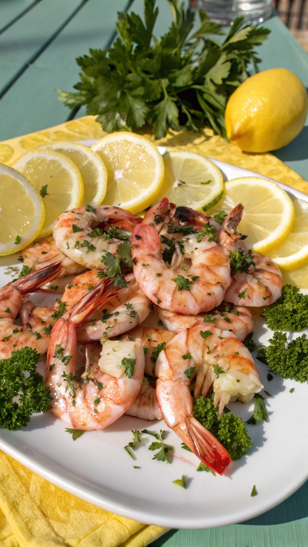 A plate of grilled lemon herb shrimp garnished with parsley and lemon slices.