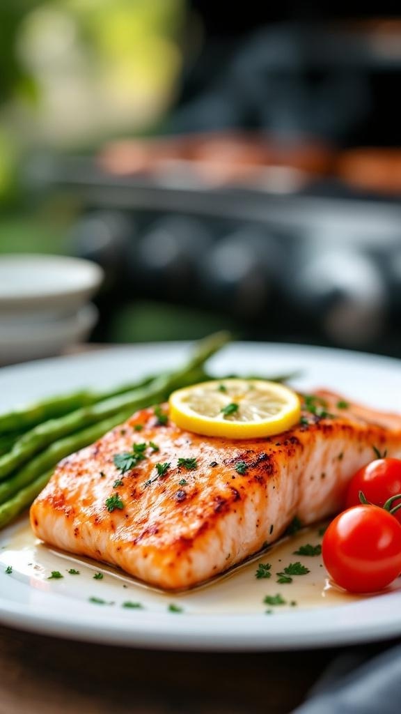 Grilled salmon fillet with lemon, asparagus, and cherry tomatoes on a plate