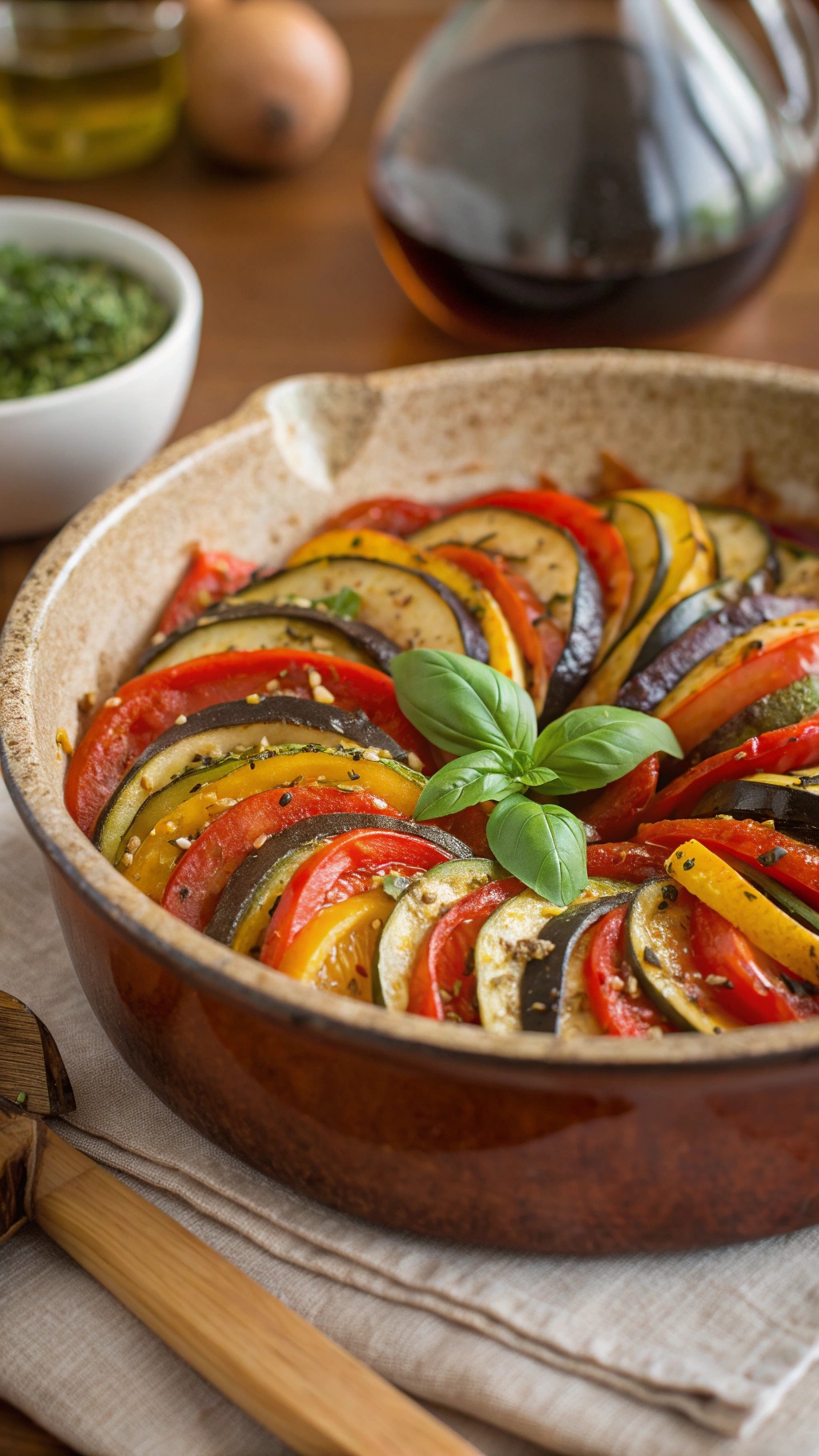A beautifully arranged ratatouille with layers of colorful vegetables in a baking dish, garnished with fresh basil.