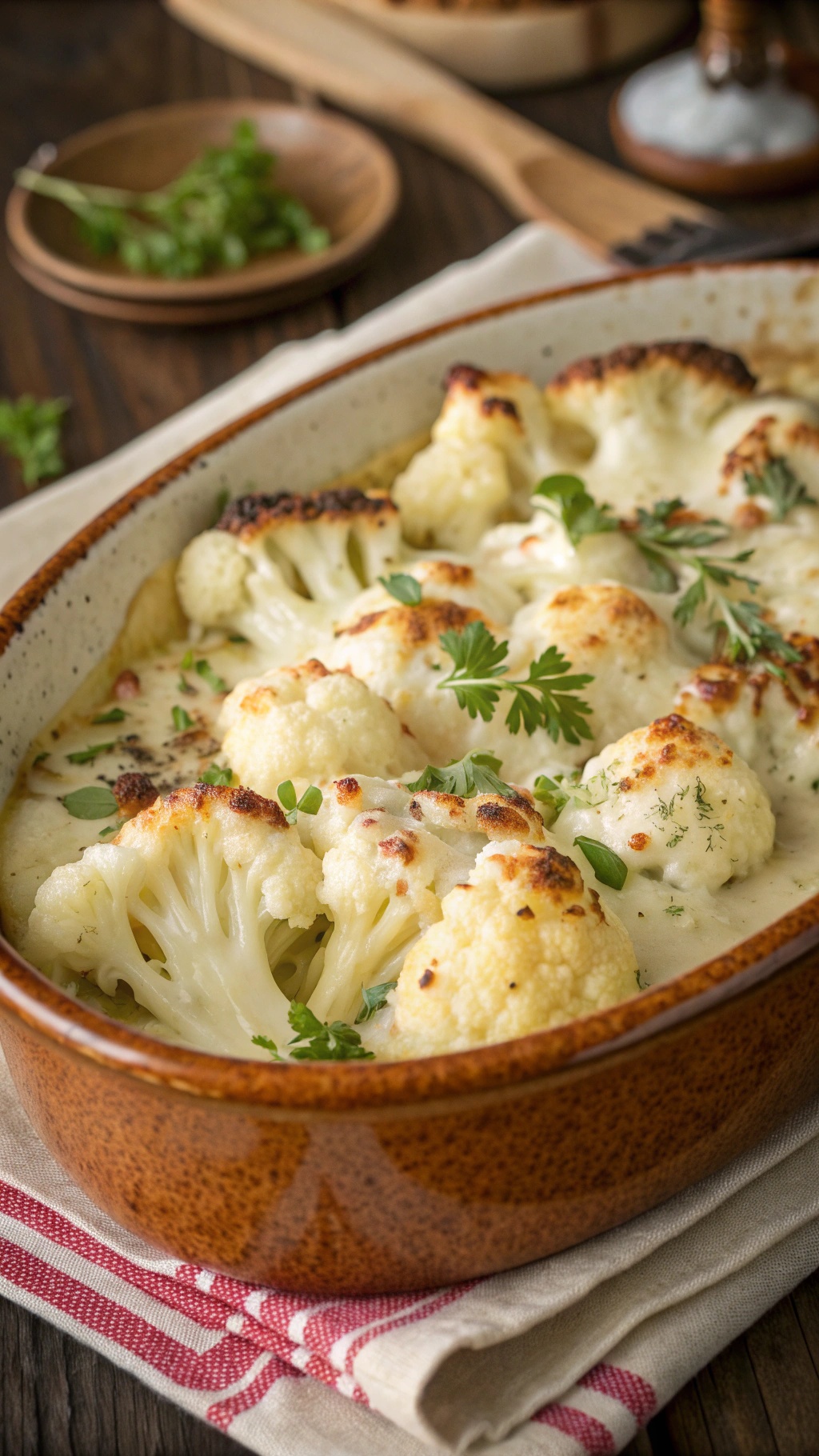 A delicious cheesy cauliflower bake topped with herbs in a brown baking dish.