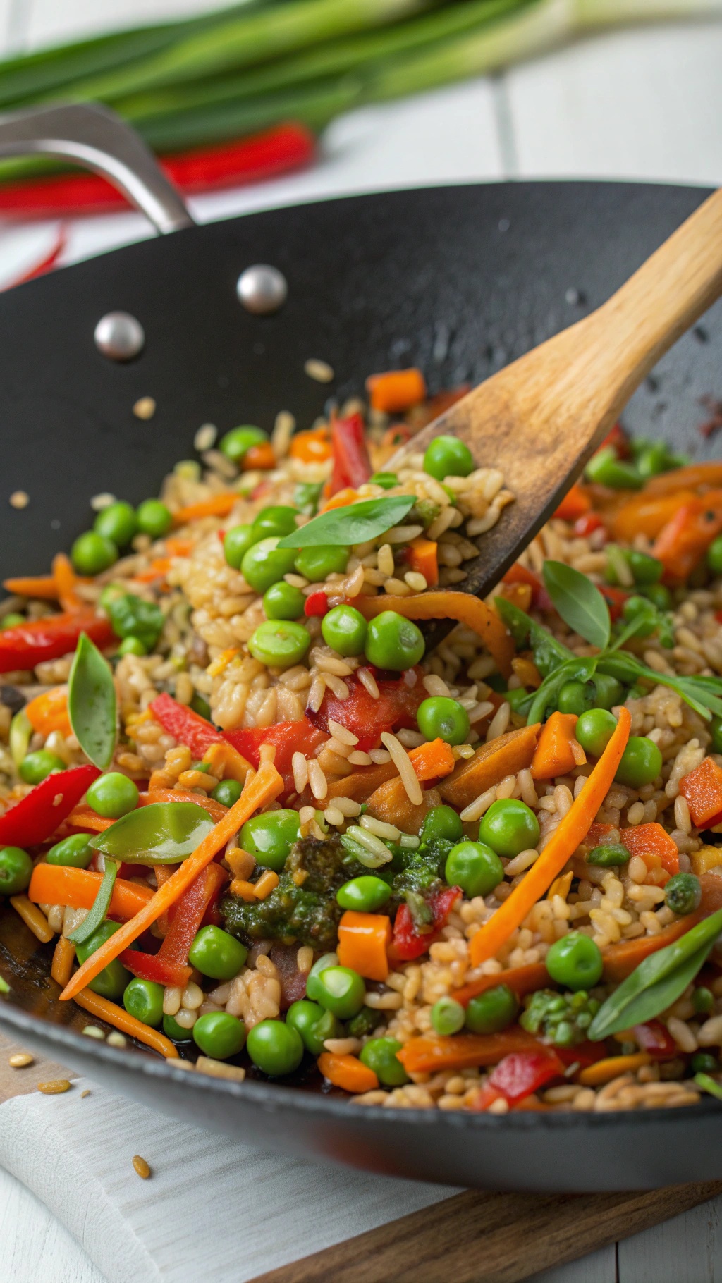 A colorful one-pot vegetable fried rice with peas, carrots, and bell peppers in a skillet.