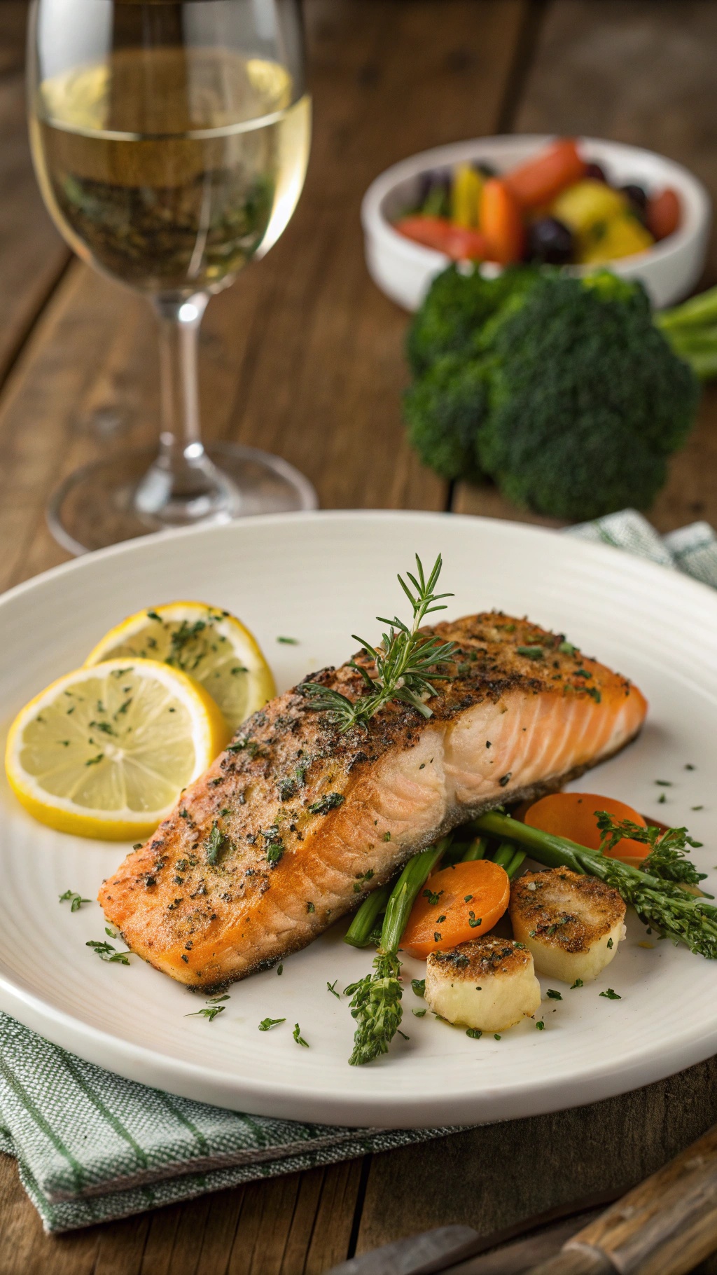 A plate of herb-crusted salmon with vegetables and a glass of white wine.
