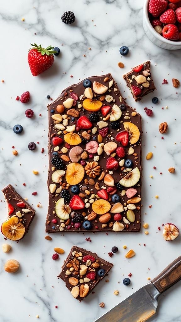 Vegan chocolate bark topped with fruits and nuts on a marble surface.