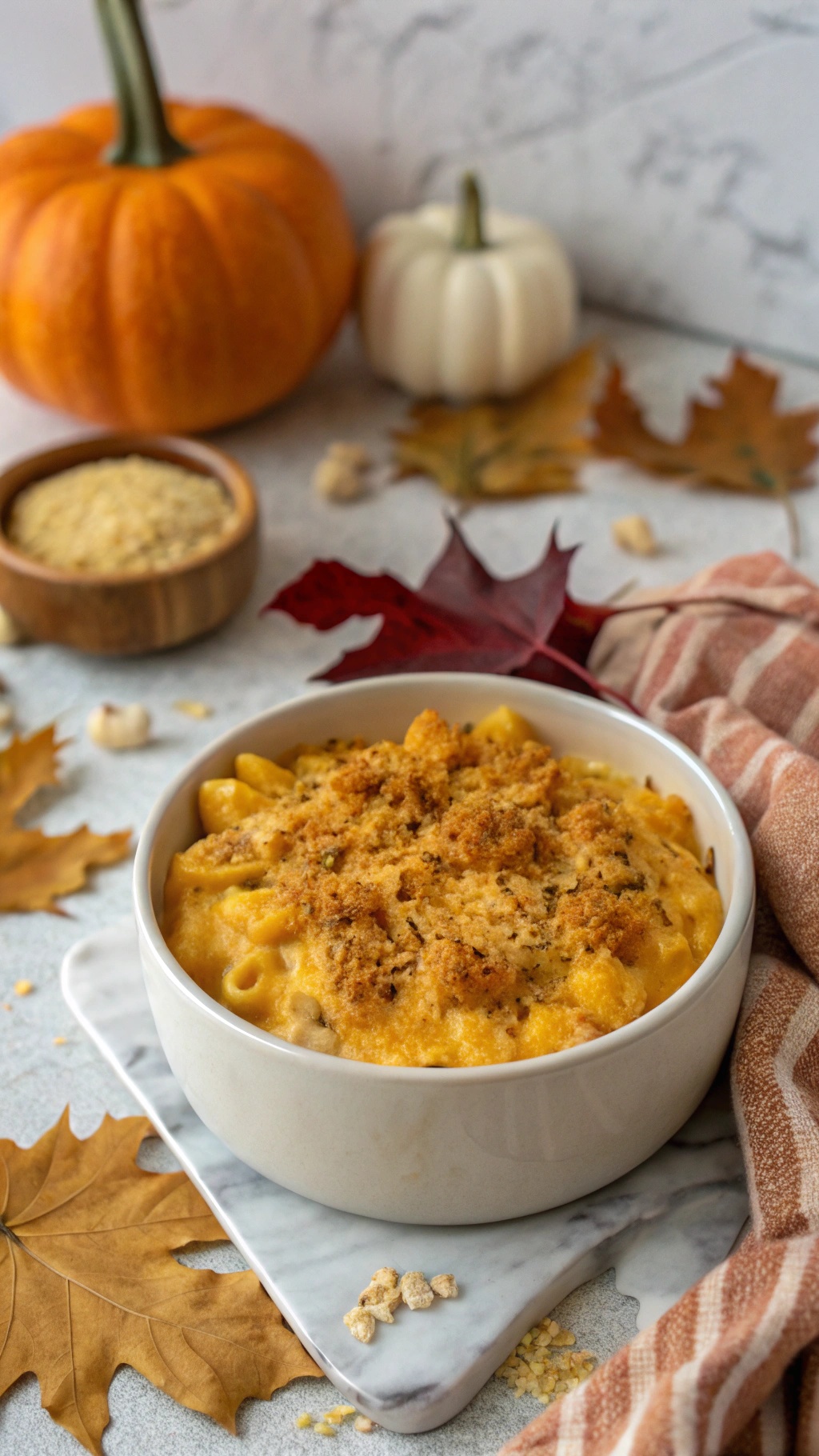 A bowl of vegan butternut squash mac and cheese topped with breadcrumbs, surrounded by autumn leaves and pumpkins.