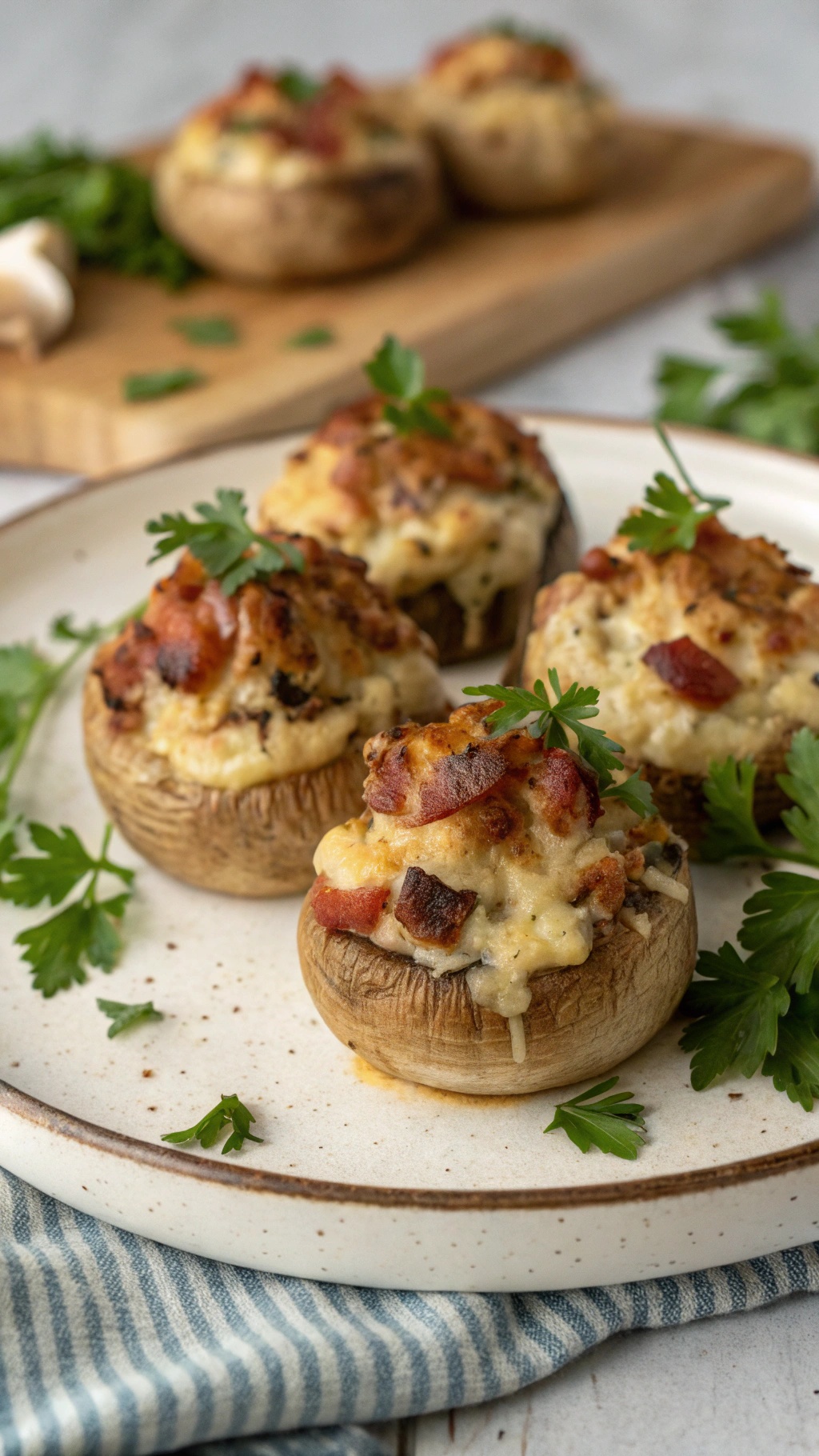 Bacon and cheese stuffed mushrooms on a plate garnished with parsley.
