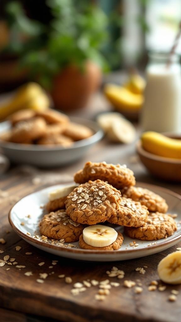 A plate of banana oatmeal cookies with banana slices and oats, set on a wooden table.