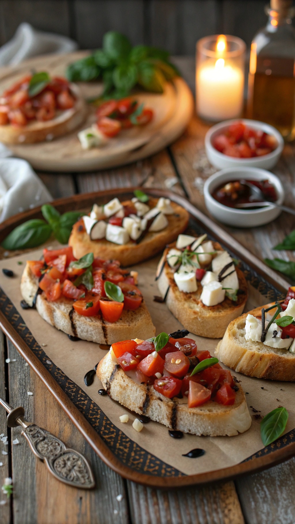 A platter of bruschetta with various toppings, including tomatoes, mozzarella, and basil, set on a rustic wooden table.