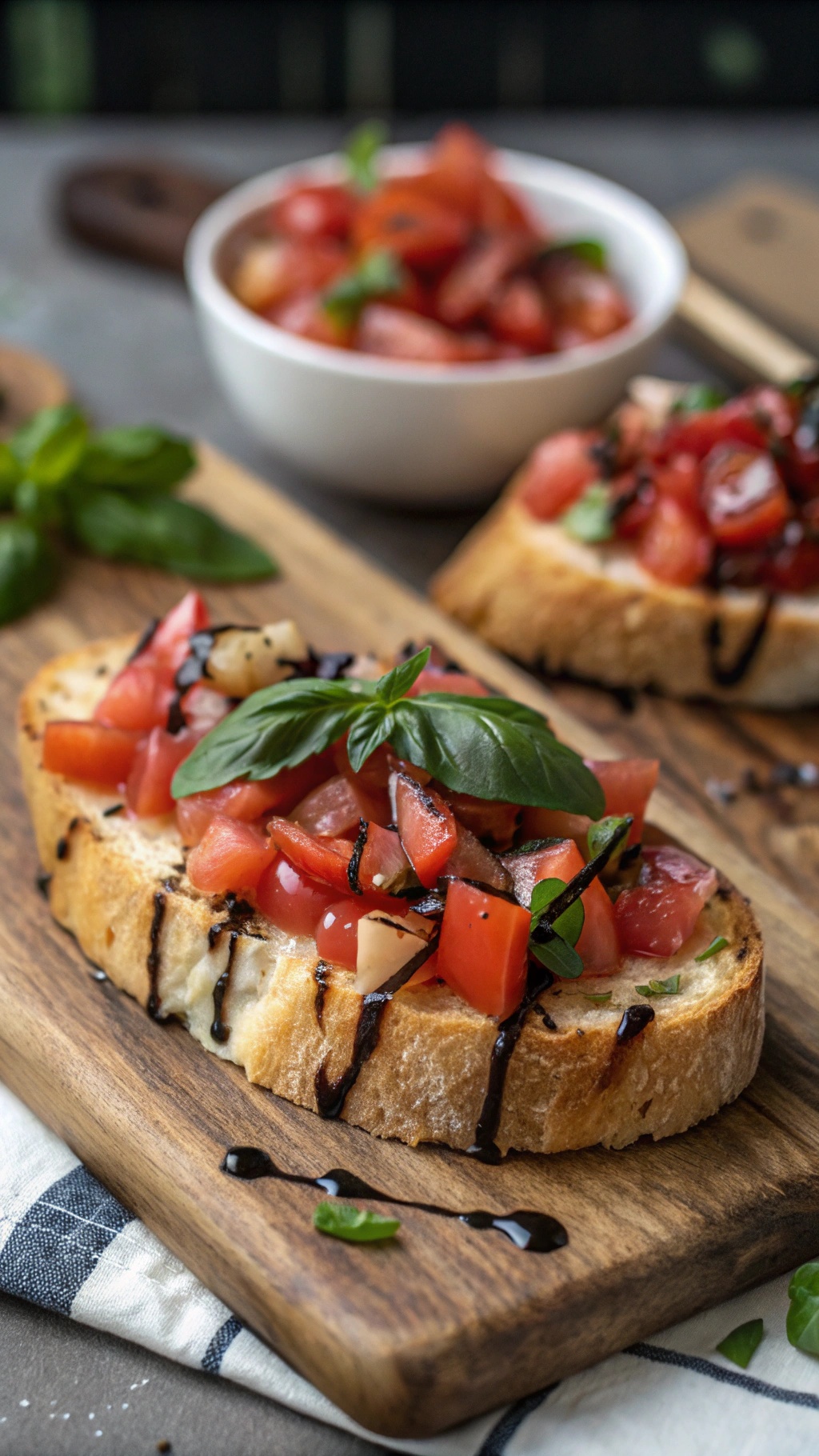 Bruschetta topped with diced tomatoes and basil on a wooden board.