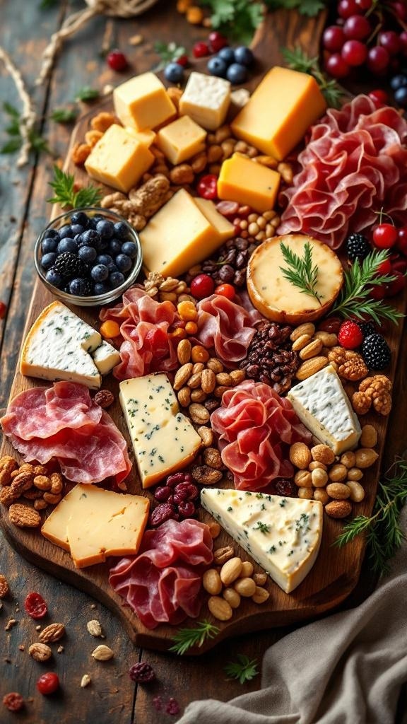 A beautifully arranged cheese and charcuterie board featuring various cheeses, cured meats, nuts, and fresh fruits.
