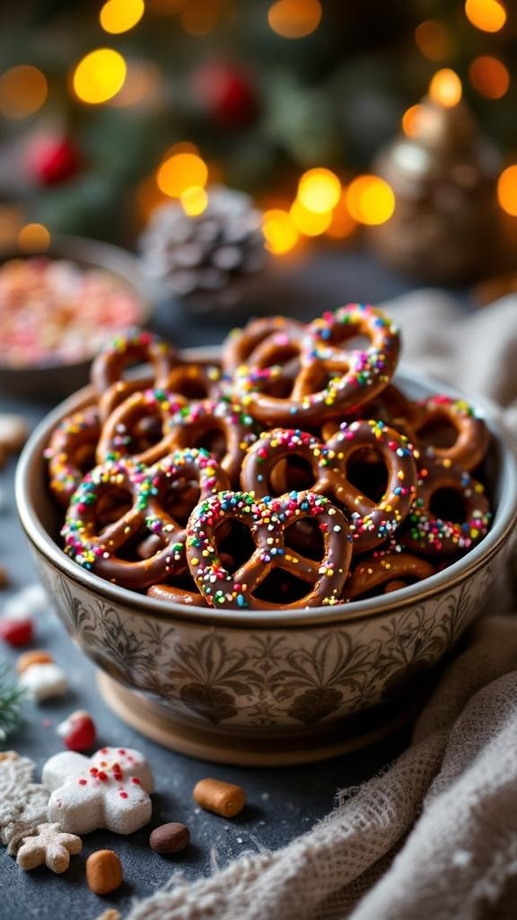 A bowl of chocolate covered pretzels with colorful sprinkles, surrounded by festive decorations.