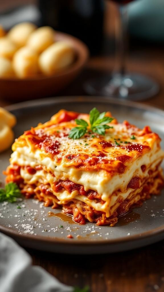 A delicious four-cheese lasagna served on a plate, garnished with parsley.