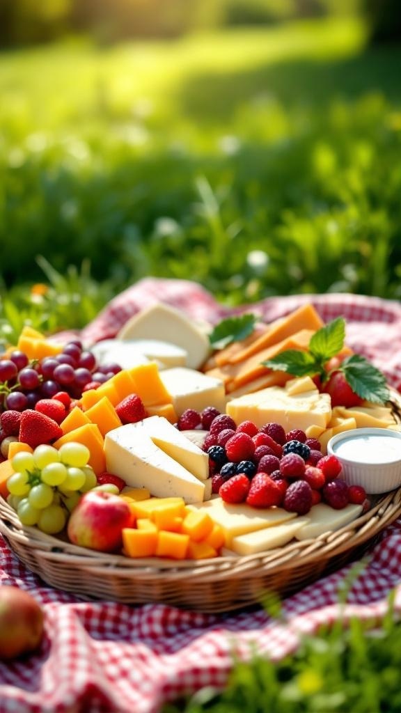 A picnic basket filled with various cheeses and fresh fruits on a red checkered blanket in a sunny outdoor setting.