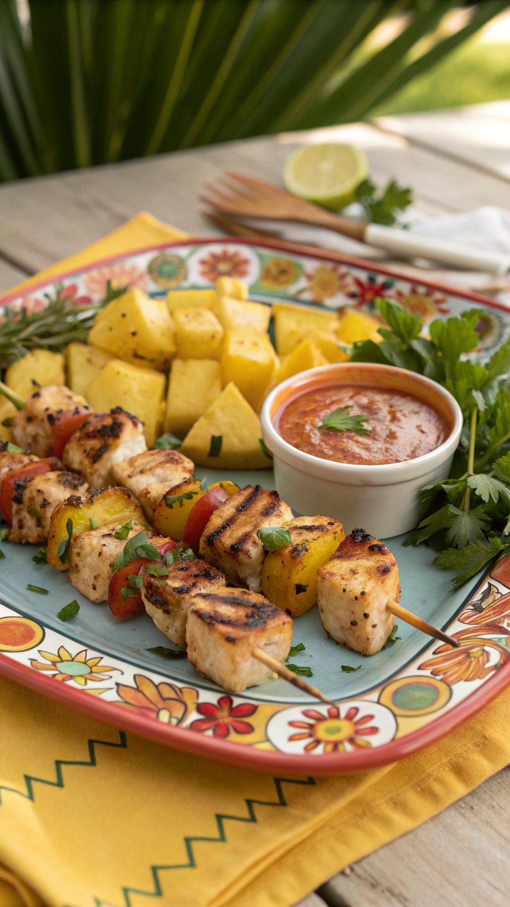 Grilled chicken and pineapple skewers served with fresh pineapple and dipping sauce