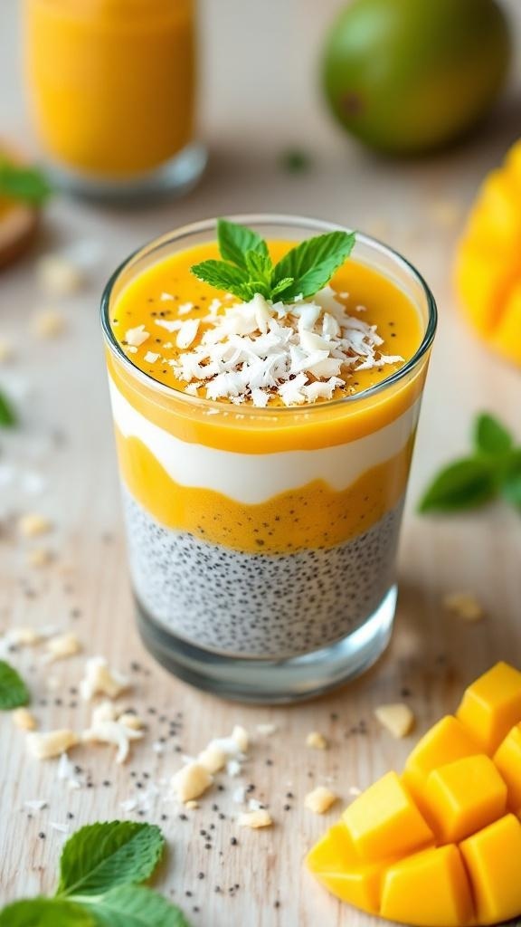 A glass of mango chia seed pudding layered with mango puree and topped with coconut and mint.