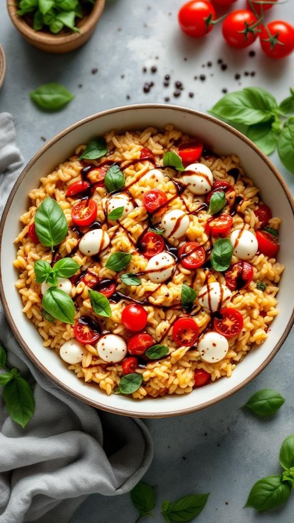 A bowl of Caprese Risotto topped with cherry tomatoes, mozzarella, and fresh basil.