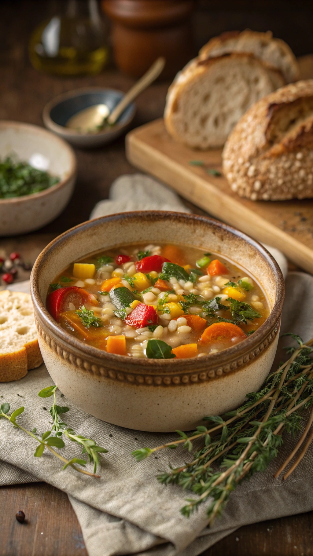 A bowl of vegetable and barley soup with colorful vegetables and herbs, served with slices of bread.