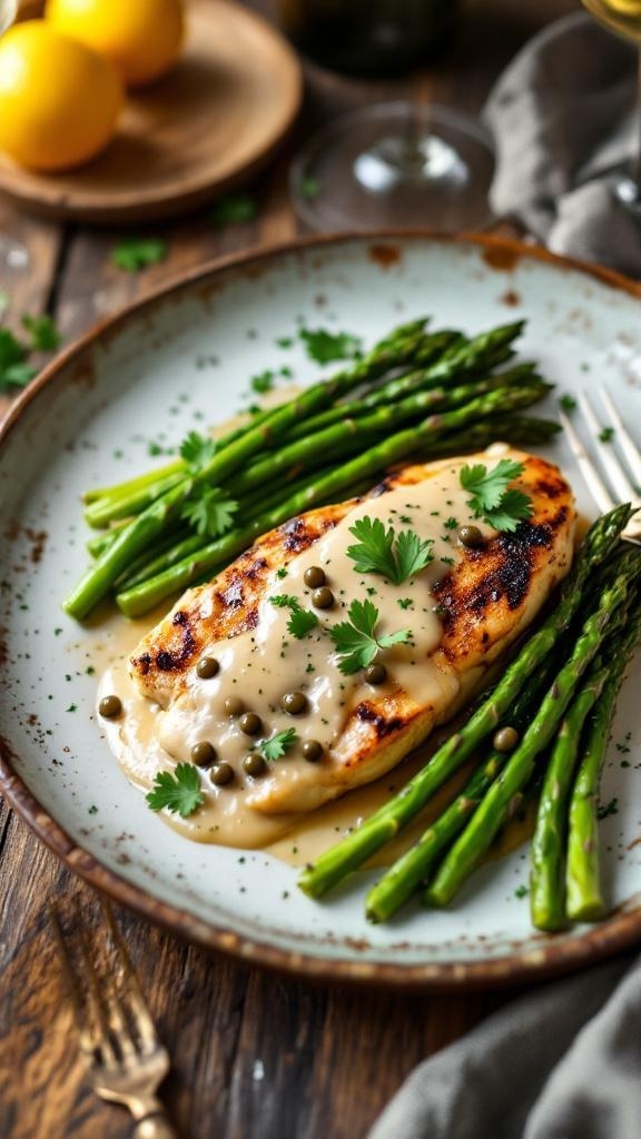 A plate of Chicken Piccata served with asparagus and garnished with herbs.