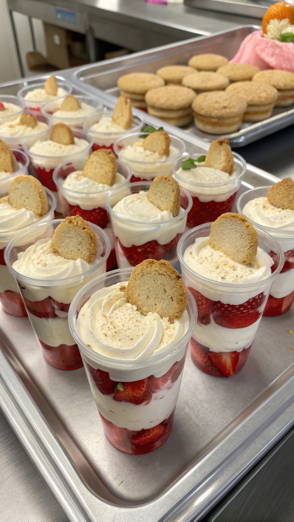 Strawberry shortcake cups with layers of strawberries, whipped cream, and cookies on top.