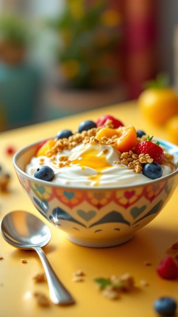 A colorful yogurt and granola bowl topped with fresh fruits and granola.