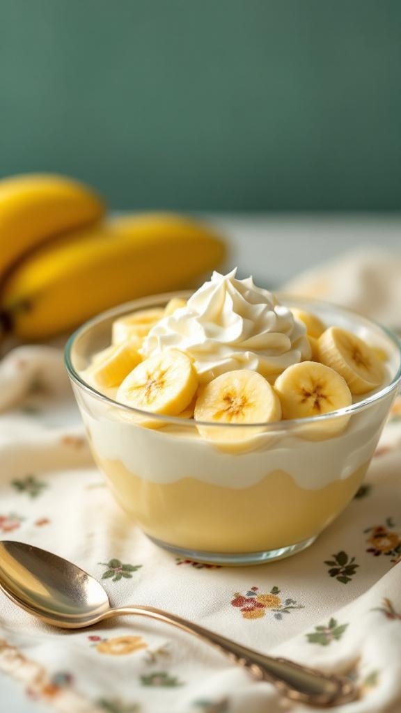 A bowl of creamy banana pudding topped with whipped cream and banana slices, with bananas in the background.