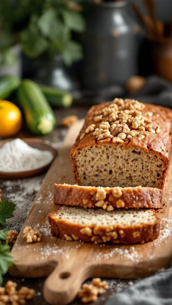 Moist zucchini bread with walnuts, sliced and placed on a wooden cutting board, with zucchinis and flour in the background.
