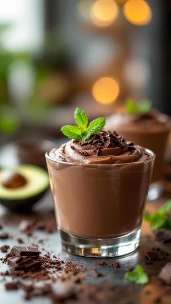 A glass of avocado chocolate mousse topped with mint and chocolate shavings, with an avocado in the background.