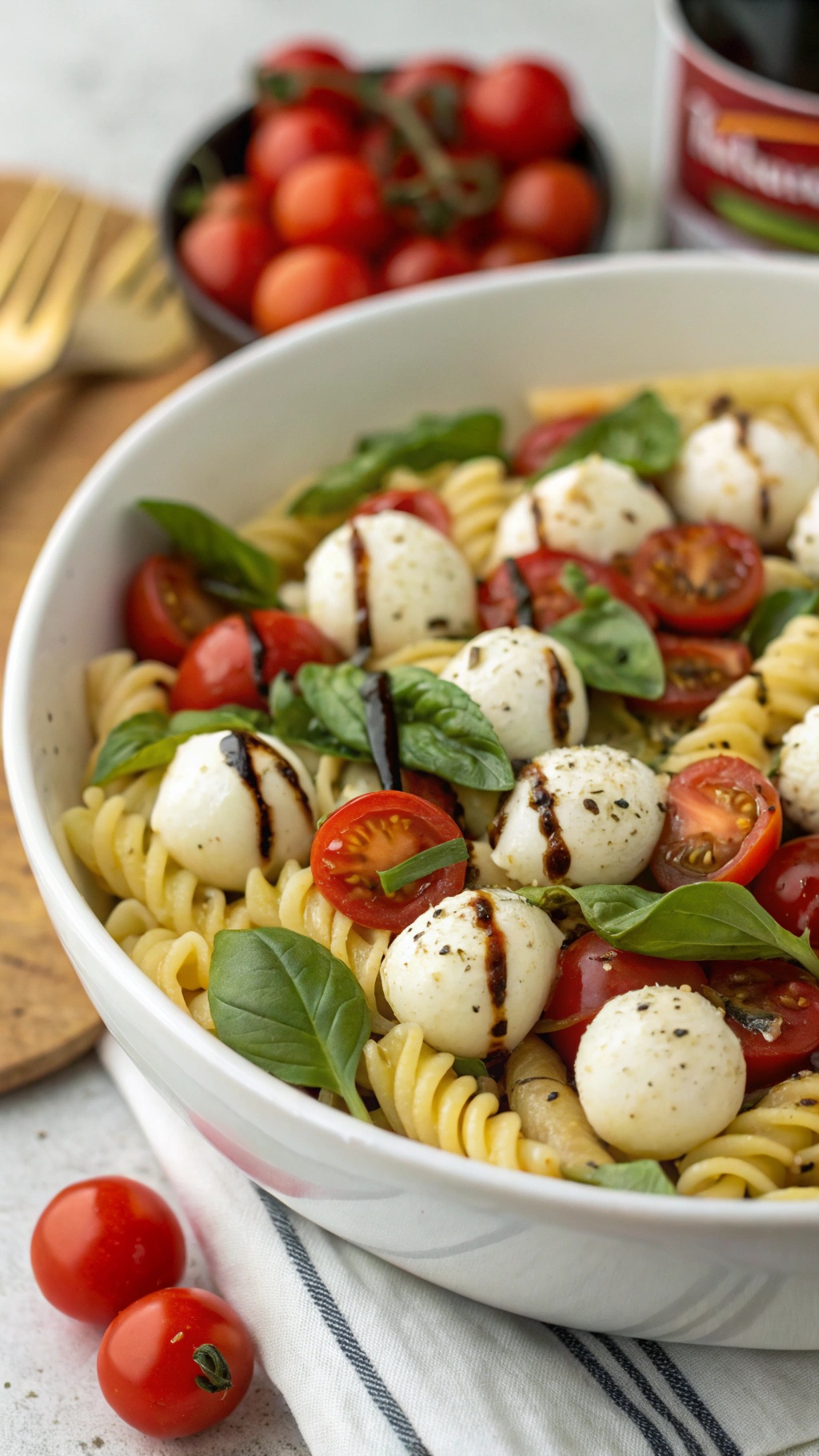 A bowl of Caprese Pasta Salad with rotini, cherry tomatoes, mozzarella balls, and basil.