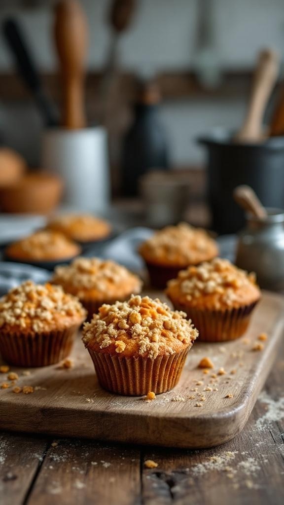 Sweet potato muffins with a crunchy topping on a wooden board