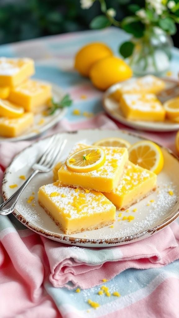 Vegan lemon bars on a plate with fresh lemons and a pink cloth