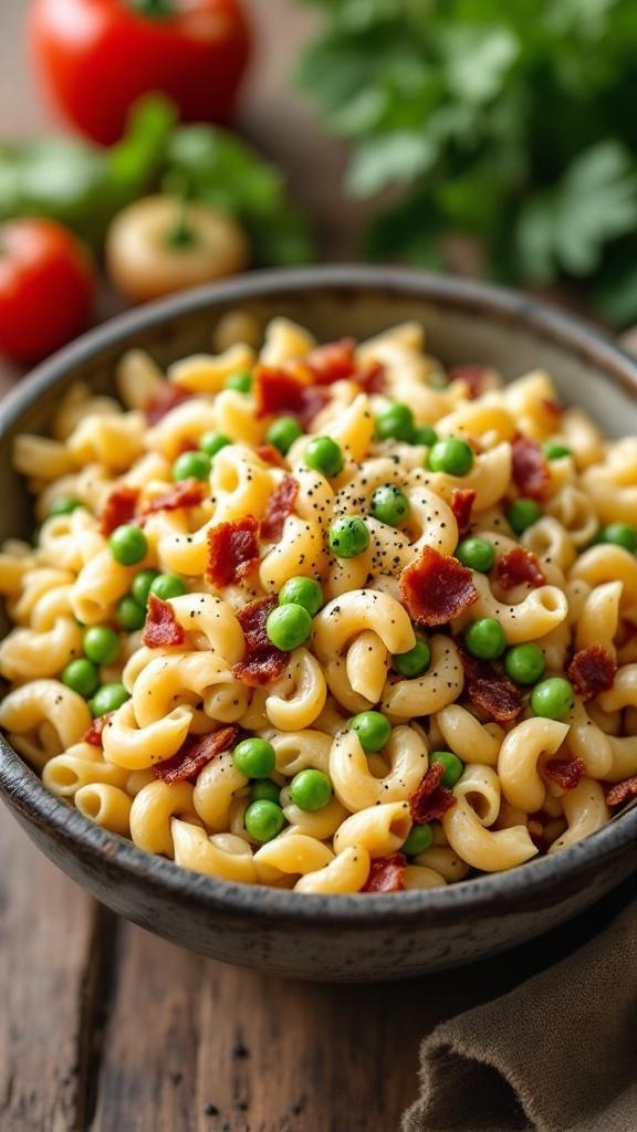Bacon and pea pasta salad in a bowl with fresh ingredients in the background.