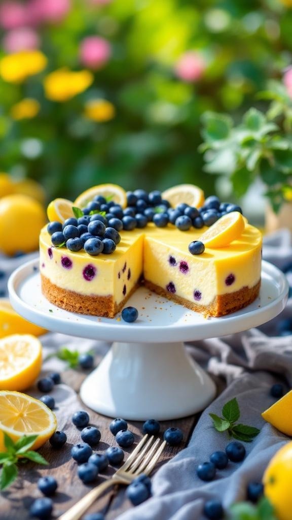 A beautiful lemon blueberry cheesecake topped with fresh blueberries and lemon slices, displayed on a white cake stand.