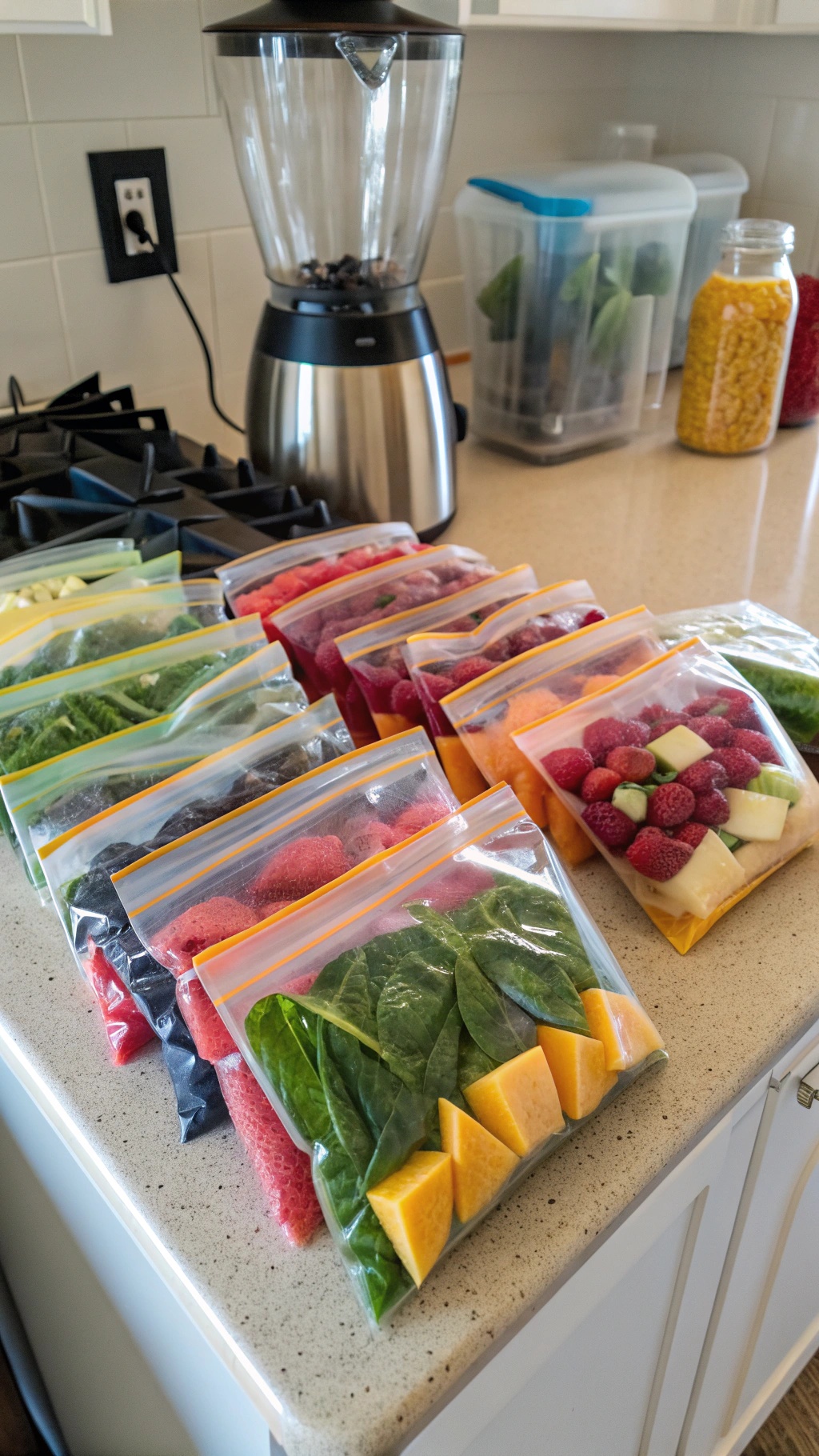 Colorful smoothie packs filled with fruits and greens, ready for blending.
