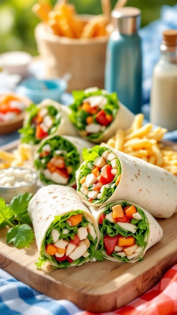 Colorful wraps filled with fresh vegetables and chicken on a wooden board, surrounded by picnic items.