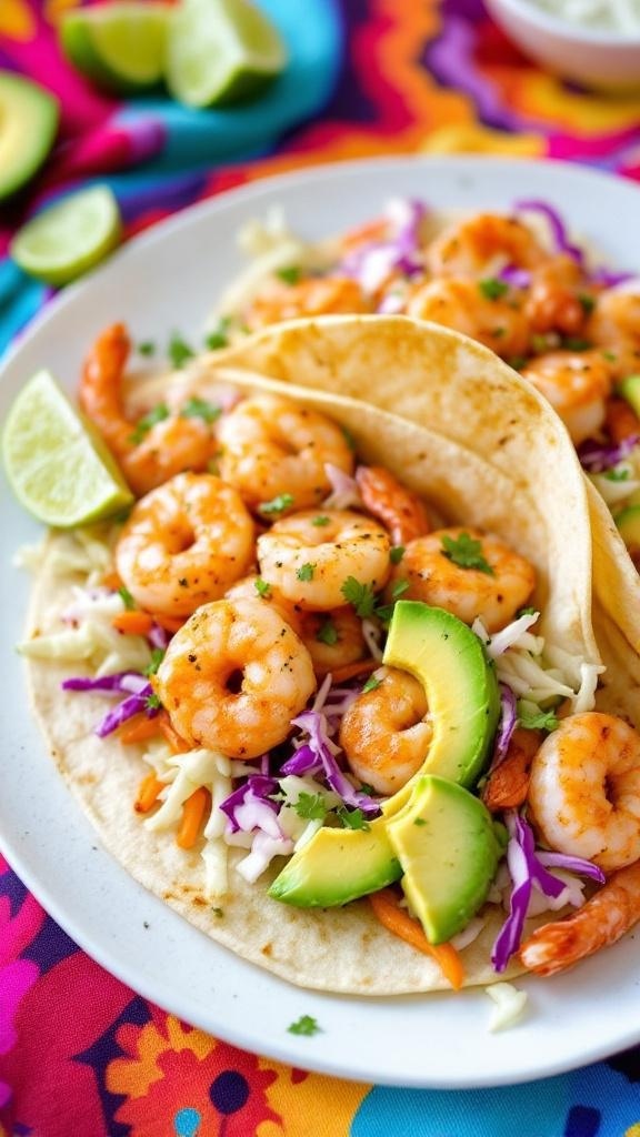 A plate of garlic shrimp tacos with avocado, cabbage, and lime.