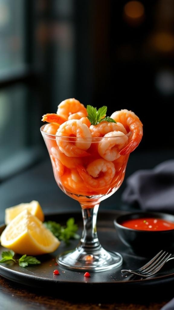 A glass of shrimp cocktail with zesty sauce, garnished with lemon wedges and parsley.