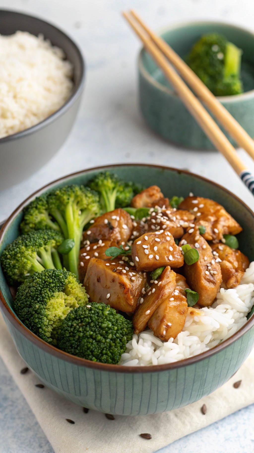 A bowl of teriyaki chicken rice with broccoli and white rice.
