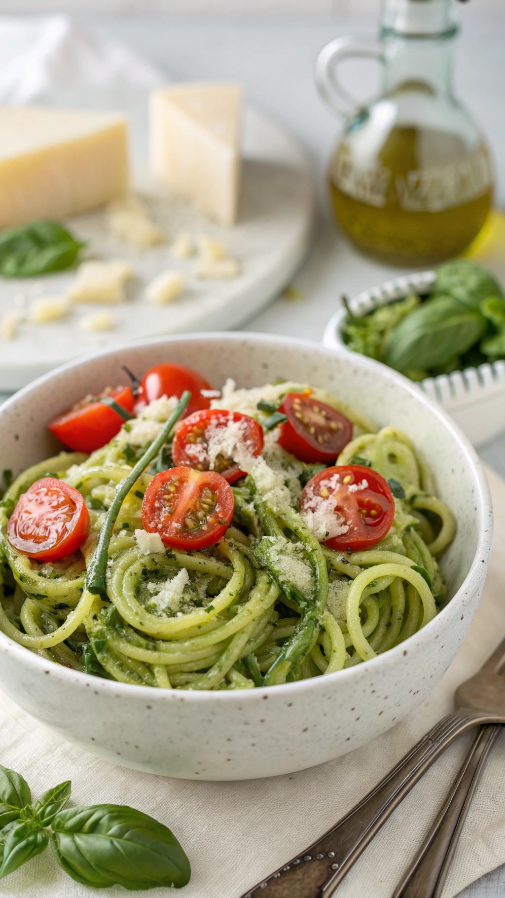 A bowl of zucchini noodles with pesto, topped with cherry tomatoes and Parmesan cheese, with basil and olive oil in the background.