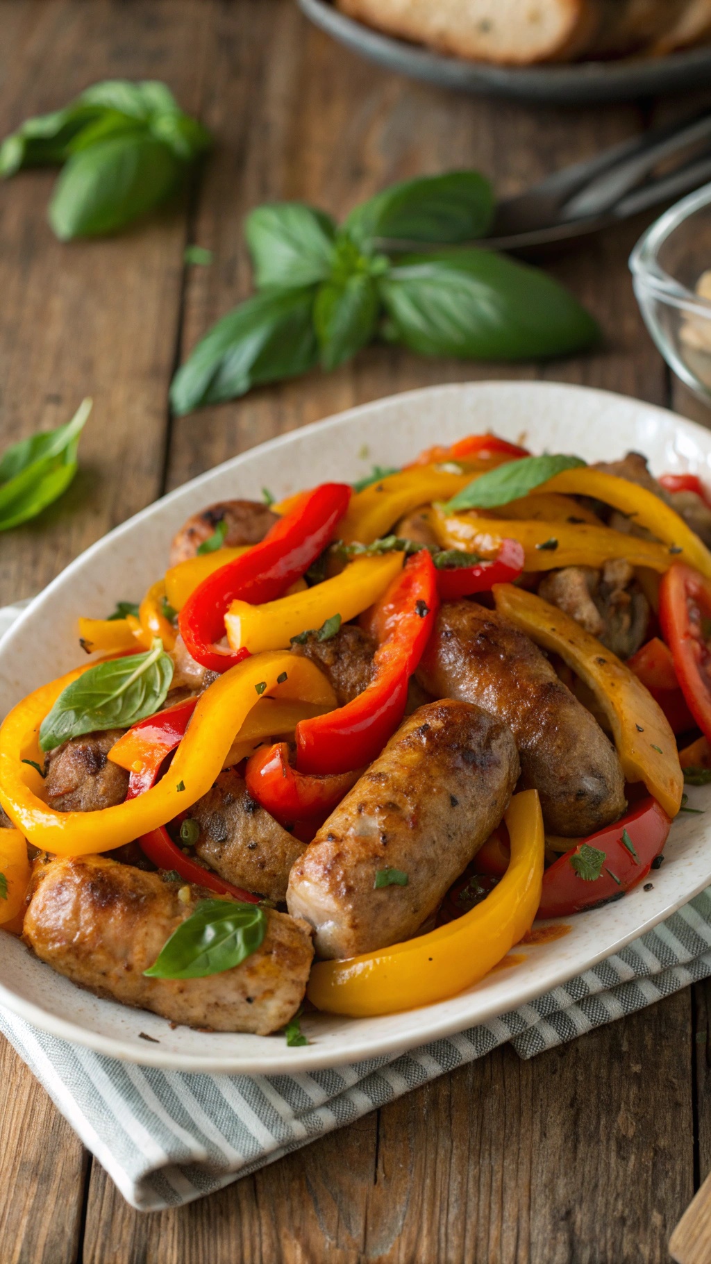A plate of Italian sausage and colorful bell peppers on a wooden table.